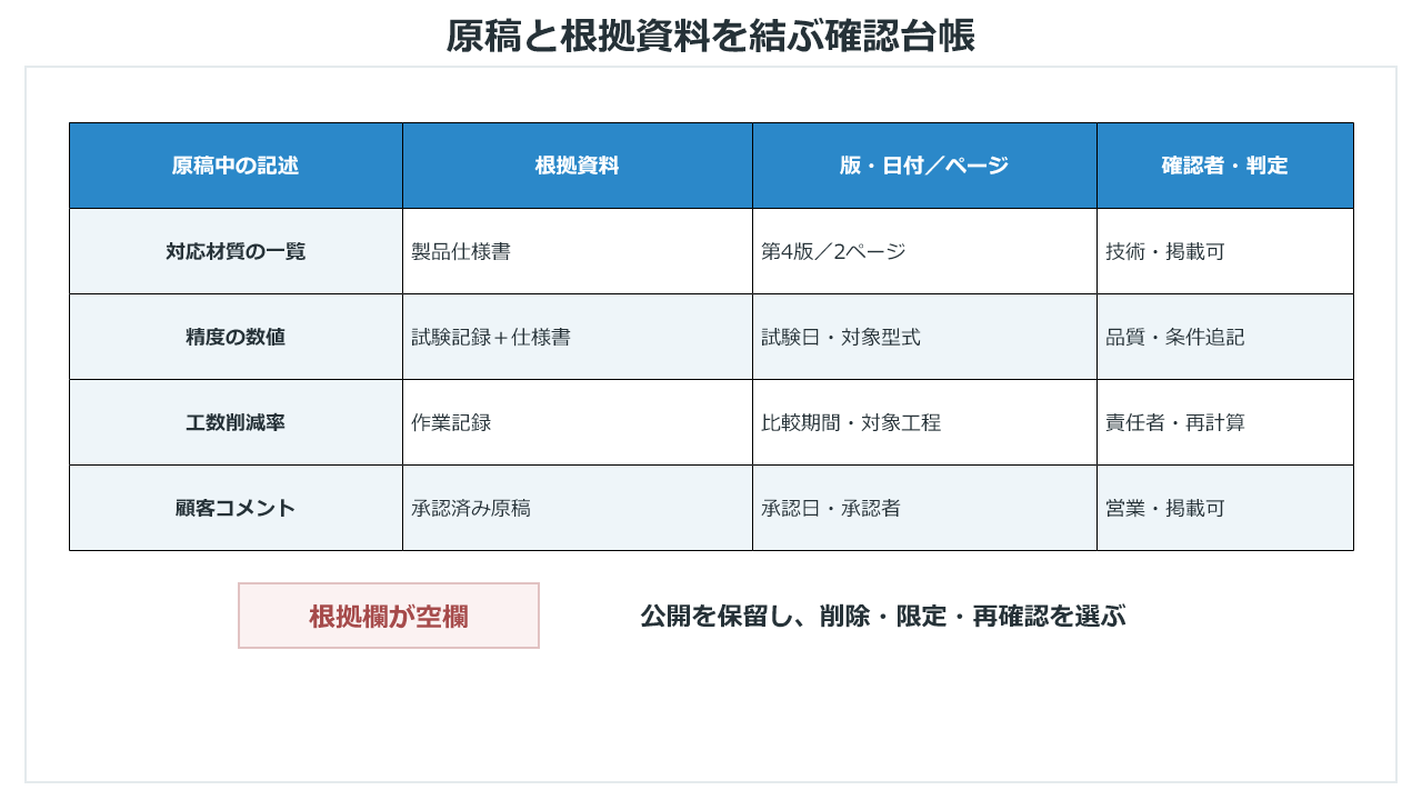 技術記事の記述と根拠資料、版、確認者を結ぶ確認台帳